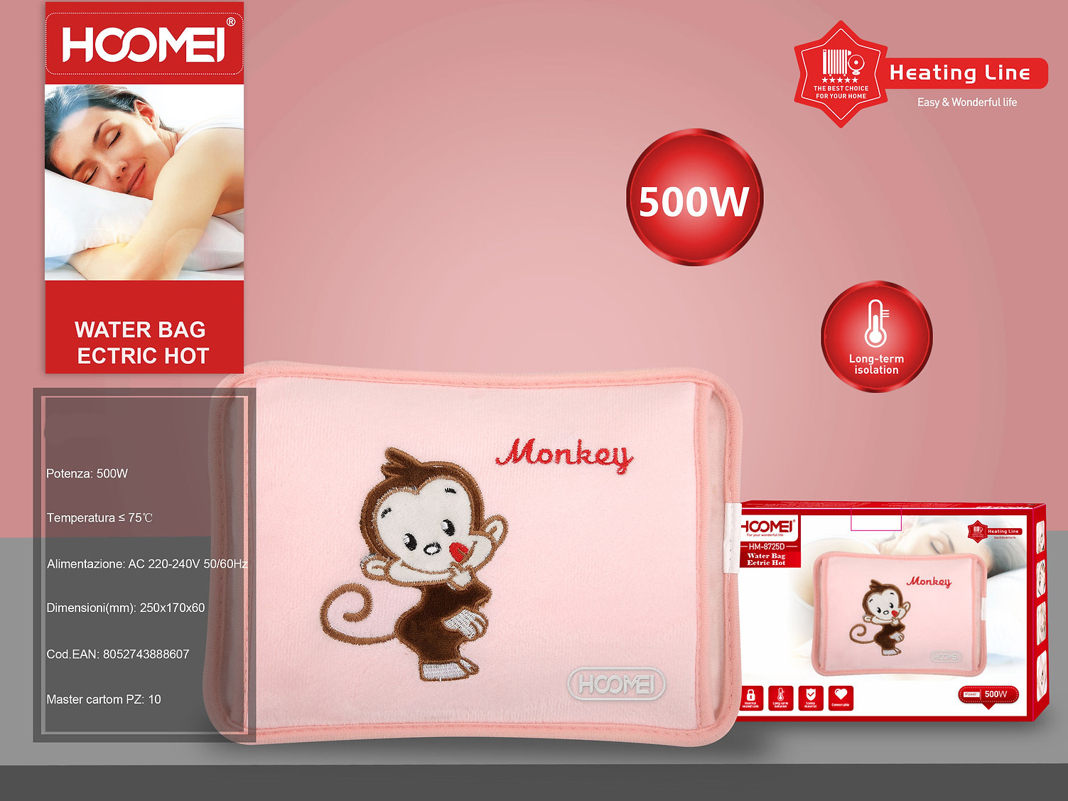 Hoomei Ηλεκτρική Θερμοφόρα - Μαξιλάρι 500W με Θήκη για τα Χέρια Γενικής Χρήσης 25x17x6cm Ροζ με Σχέδιο Μαϊμουδάκι
